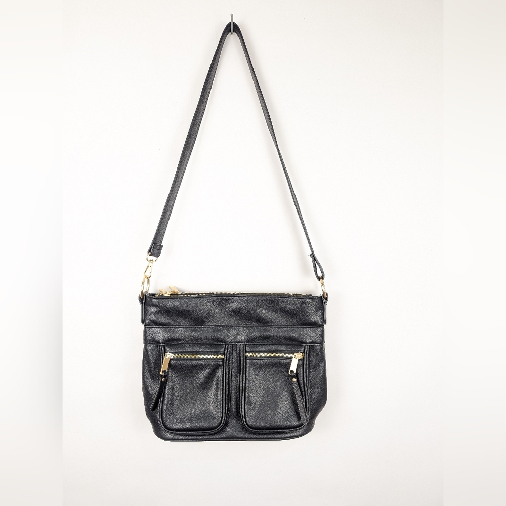 Black CrossBody Bag With Gold Accents Faux Leather Double Zipper Purse Womens